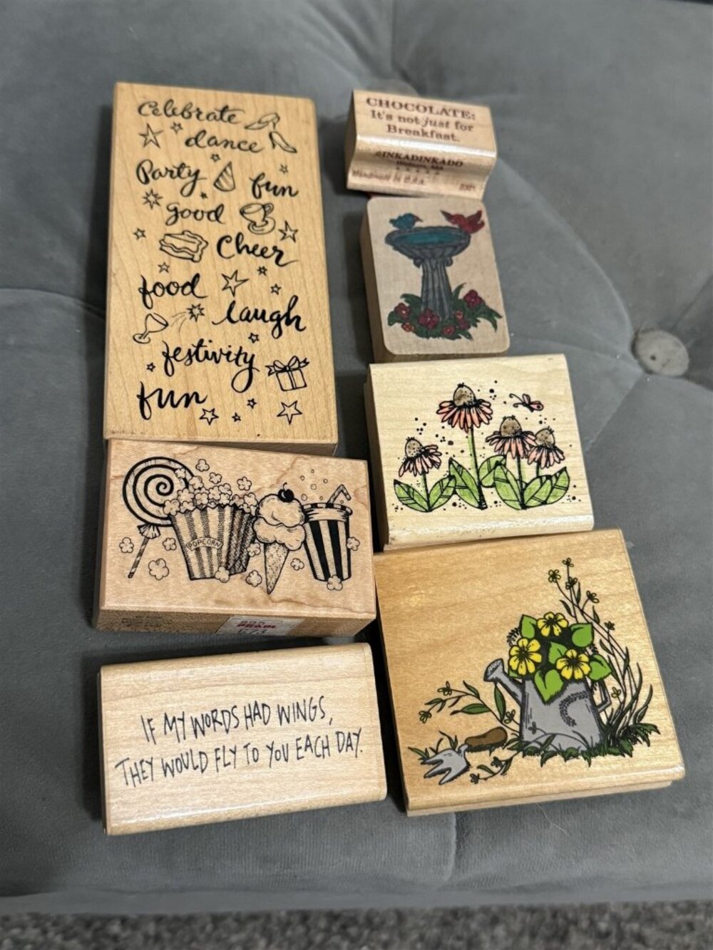 Wood Rubber Stamps Lot of 7 Flowers Movie Theatre Chocolate Birds